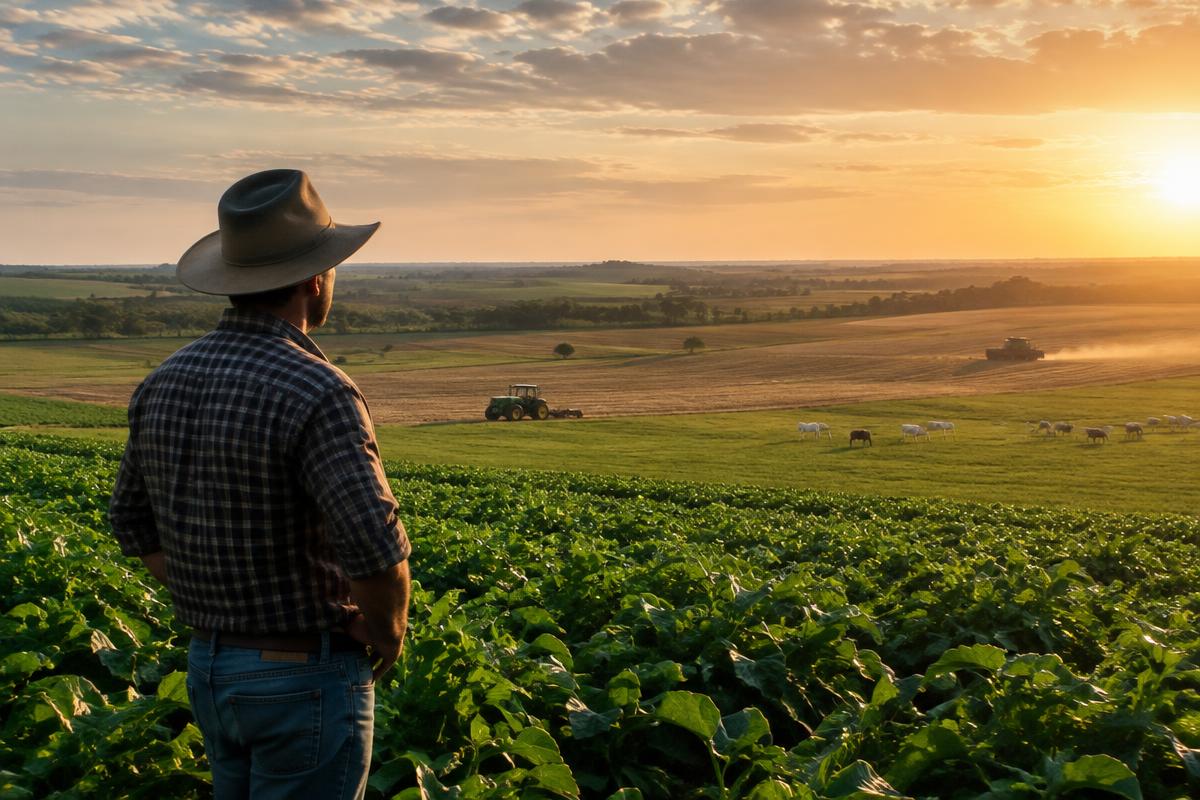 Produtor observa lavoura, máquinas e criação no campo brasileiro