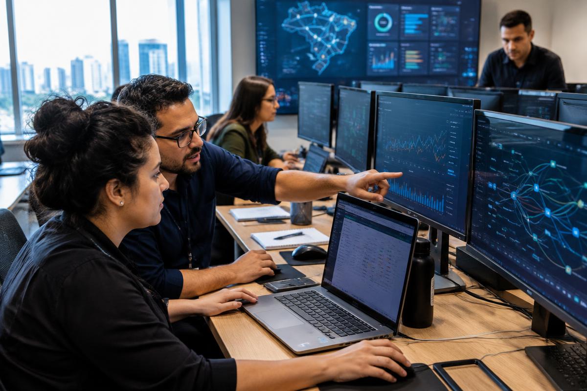 Equipe brasileira de tecnologia e finanças acompanha dados em uma sala de operação
