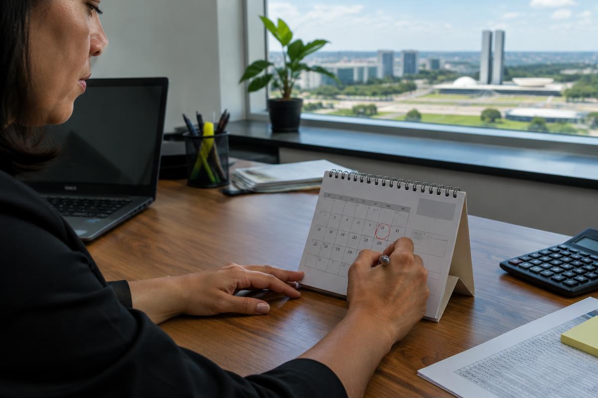 Empresária marca uma data no calendário diante da arquitetura cívica de Brasília