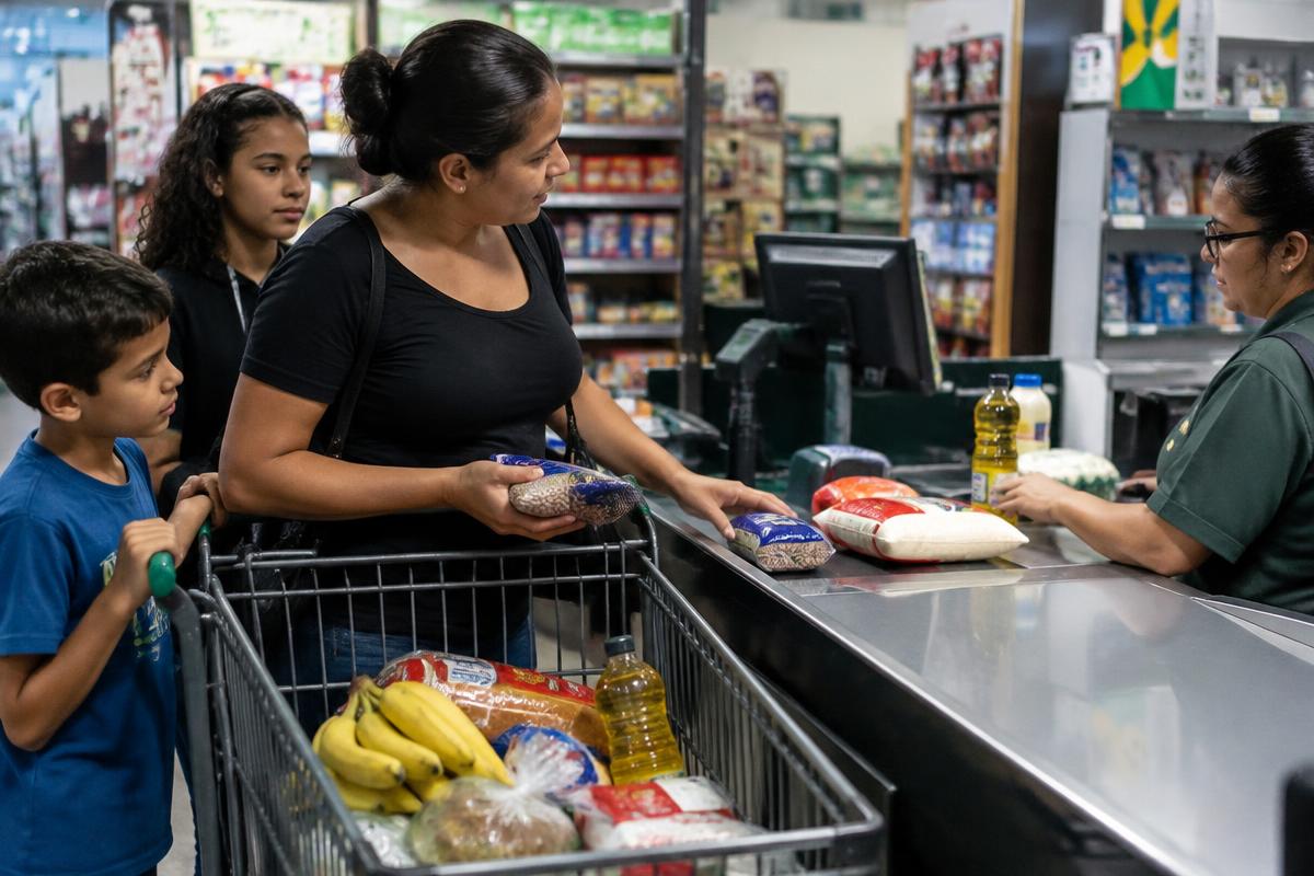 Família brasileira compra alimentos essenciais em um supermercado
