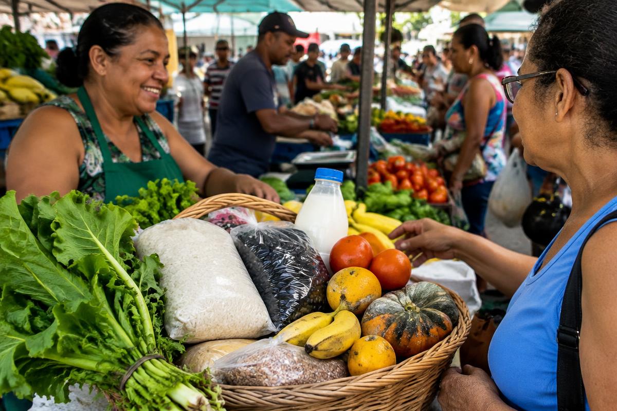 Alimentos da cesta básica em uma feira livre brasileira