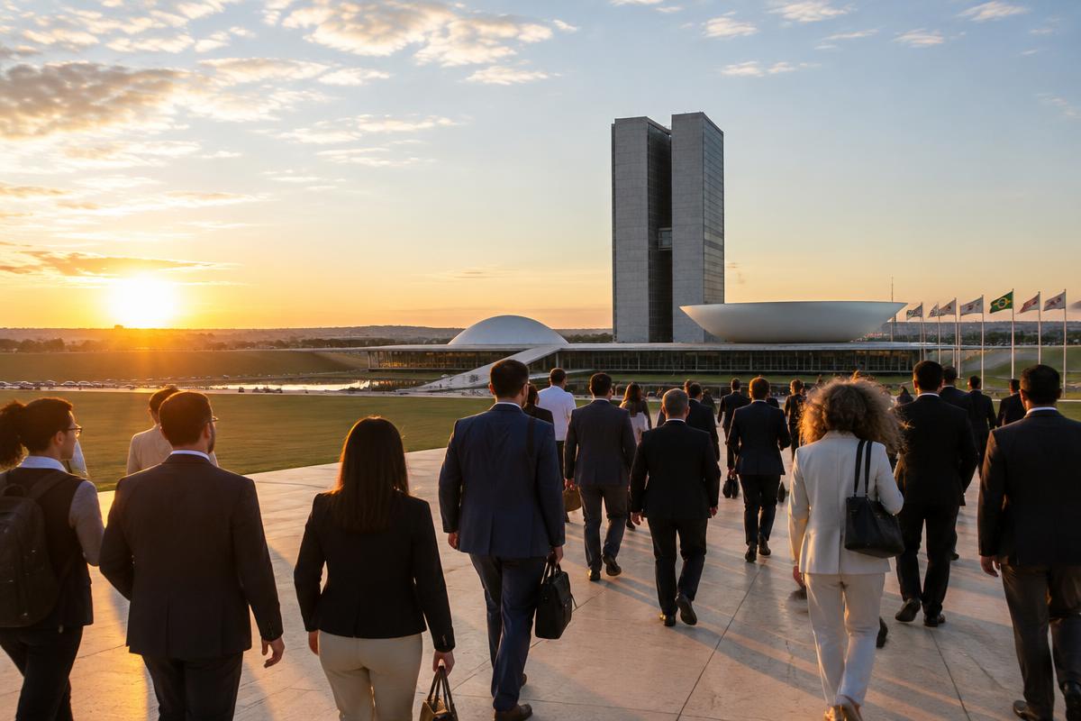 Representantes caminham em direção ao Congresso Nacional ao amanhecer