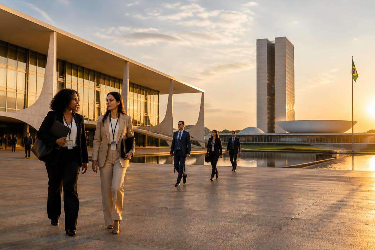 Profissionais caminham pela Praça dos Três Poderes, em Brasília