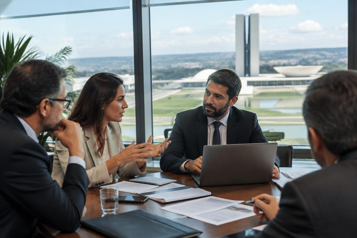 Empresários em reunião com o Congresso Nacional ao fundo, em Brasília