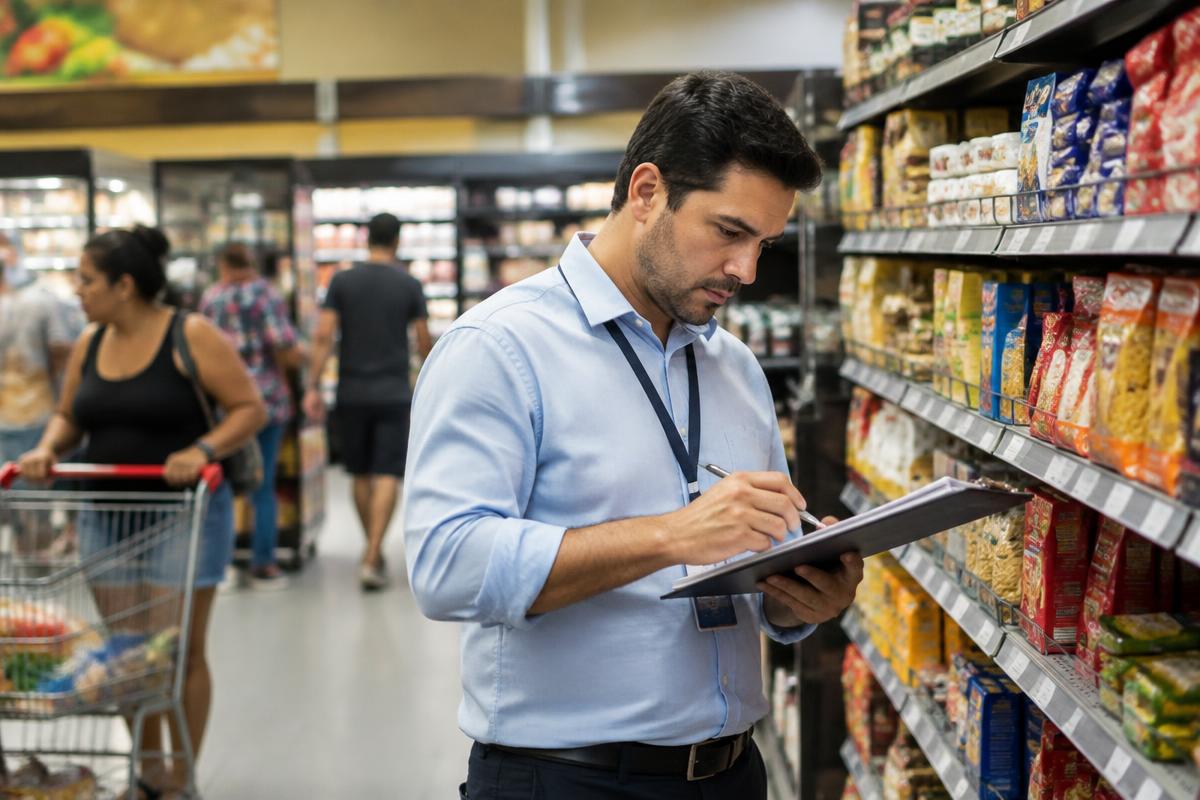 Gestor confere preços e margens nas prateleiras de um mercado brasileiro