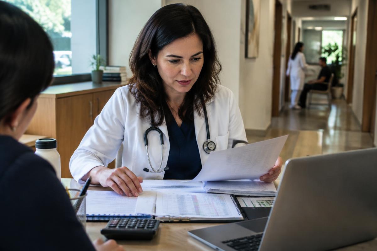 Médica e gestora analisam o planejamento financeiro de uma clínica brasileira