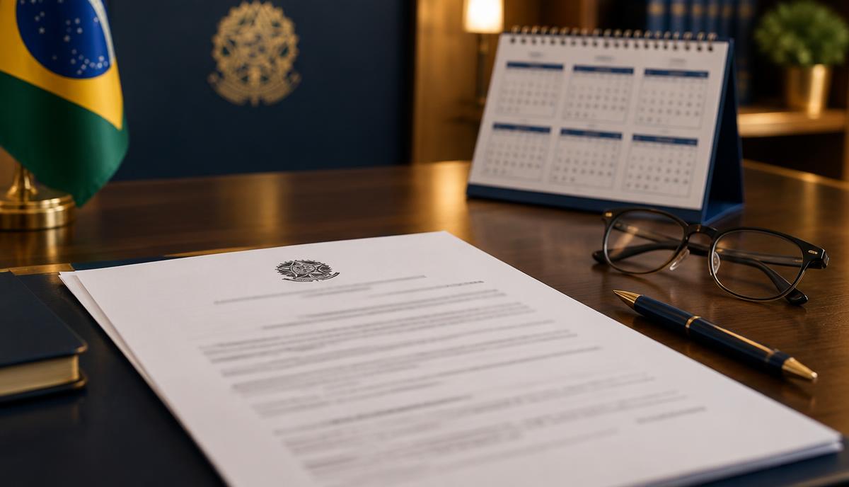 Mesa institucional com resolução oficial, bandeira do Brasil e calendário de planejamento para 2027