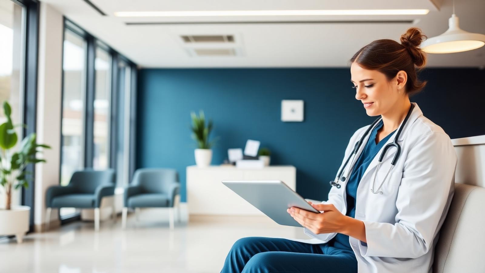 Médica em clínica moderna analisando dados financeiros em um tablet