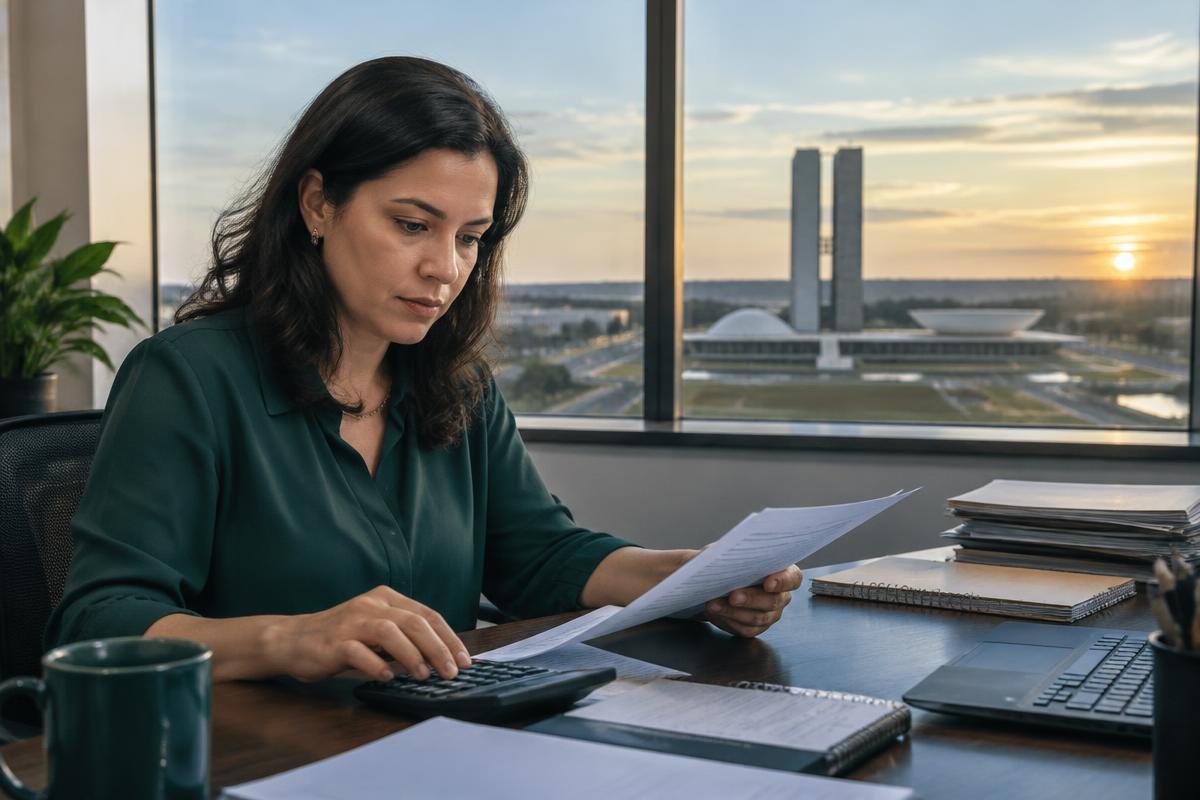 Empresária brasileira analisa documentos com o Congresso Nacional ao fundo, em Brasília