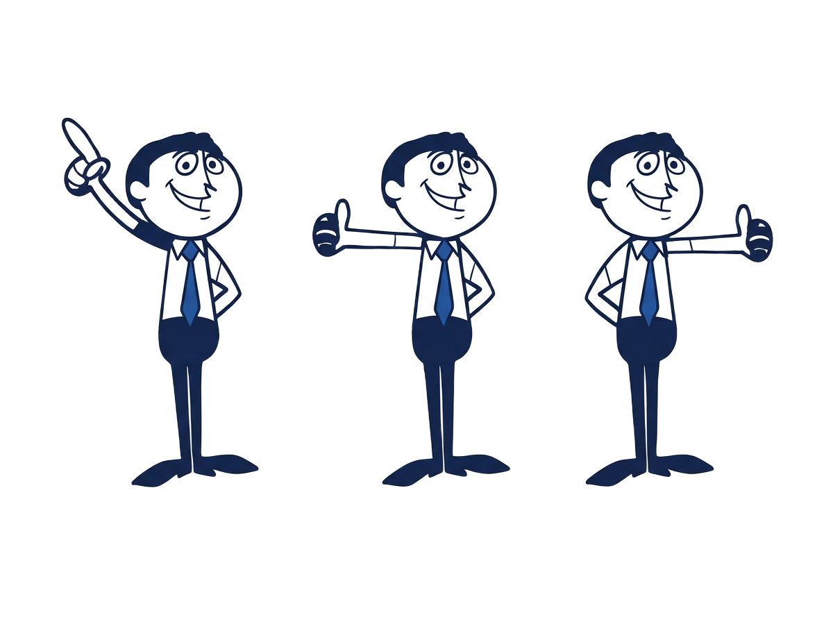 Personagens do Sr. Organize representando orientação, organização e atendimento