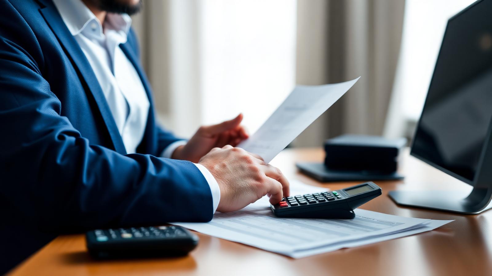 Contador analisando documentos fiscais e tributários